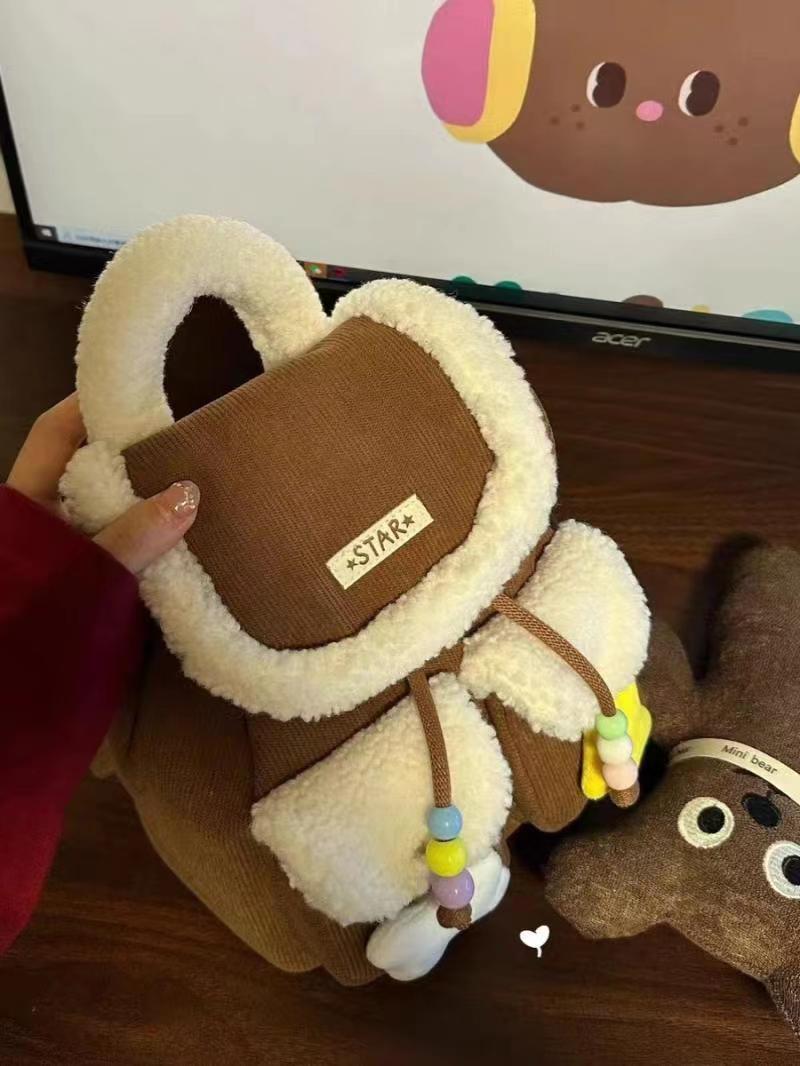 冬季韩版毛绒包2023新款小众设计可爱拼接手提背包休闲百搭双肩包