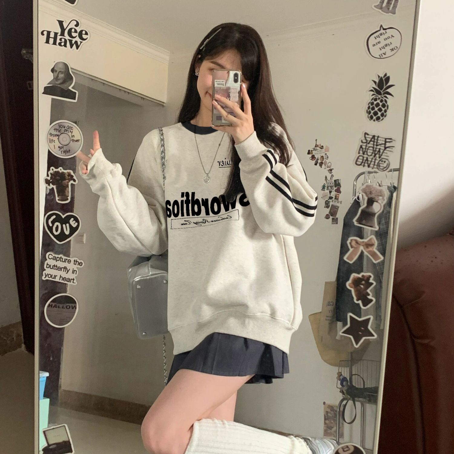 純棉重磅加絨衛衣女秋冬新款圓領爆款時尚洋氣小個子三條槓上衣女