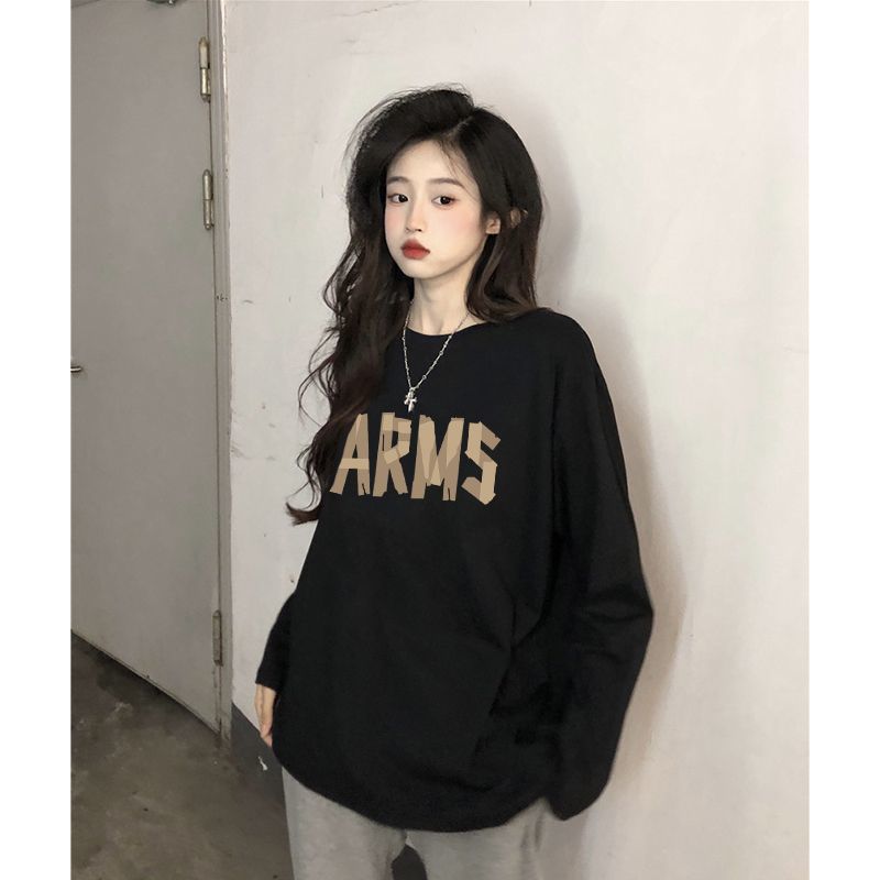 100%純棉長袖t恤女春秋季2023新款韓版寬鬆百搭內搭上衣ins打底衫