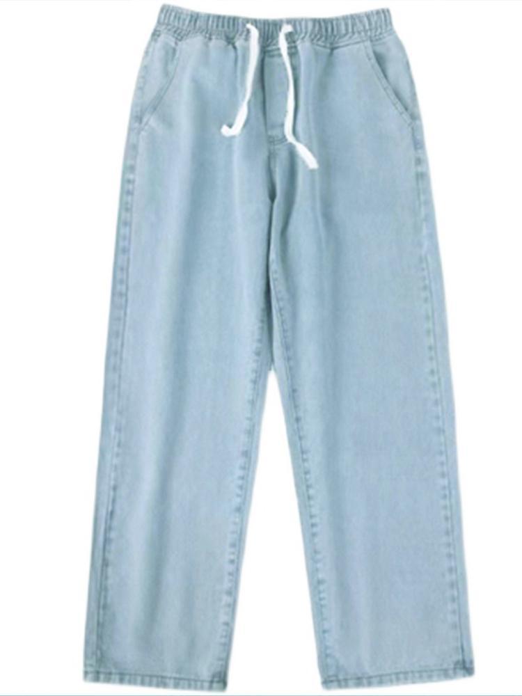 Light blue elastic waist jeans for women autumn loose straight 2023 new petite wide leg pants spring and autumn pants