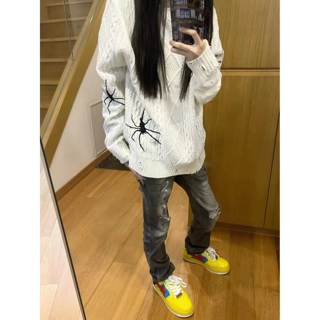 小眾蜘蛛刺繡設計感破壞圓領長袖毛衣女美式高級感慵懶風針織衫男