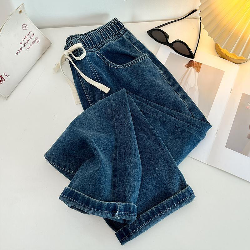 Elastic waist straight jeans for women in autumn new pear-shaped figure covering the hips and slimming loose casual drawstring wide-leg pants
