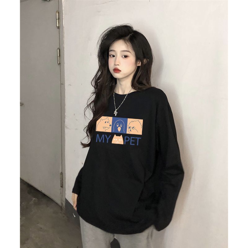 100%純棉長袖t恤女春秋季2023新款韓版寬鬆百搭內搭上衣ins打底衫