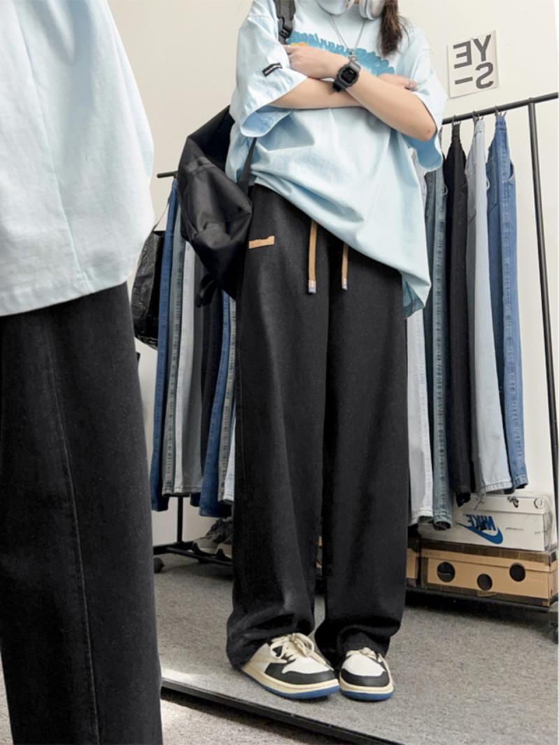胖妹妹顯瘦褲子秋季鬆緊腰美式牛仔褲女2023年新款堆堆工裝闊腿褲