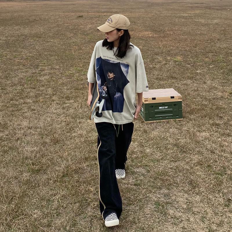 藍色高腰闊腿牛仔褲女2023春秋新款寬鬆垂感拖地直筒褲闊腿褲潮