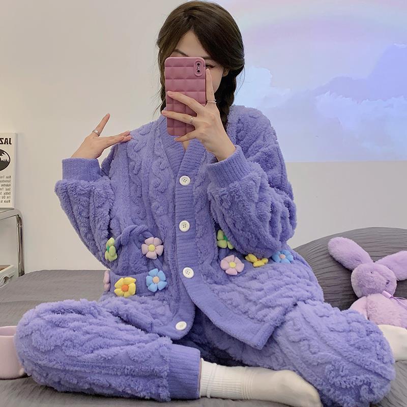 珊瑚絨V領睡衣套裝女高級感紫色2023冬季新款甜美開衫家居服秋冬