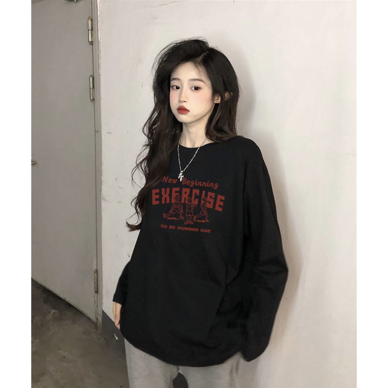 100%純棉長袖t恤女春秋季2023新款韓版寬鬆百搭內搭上衣ins打底衫