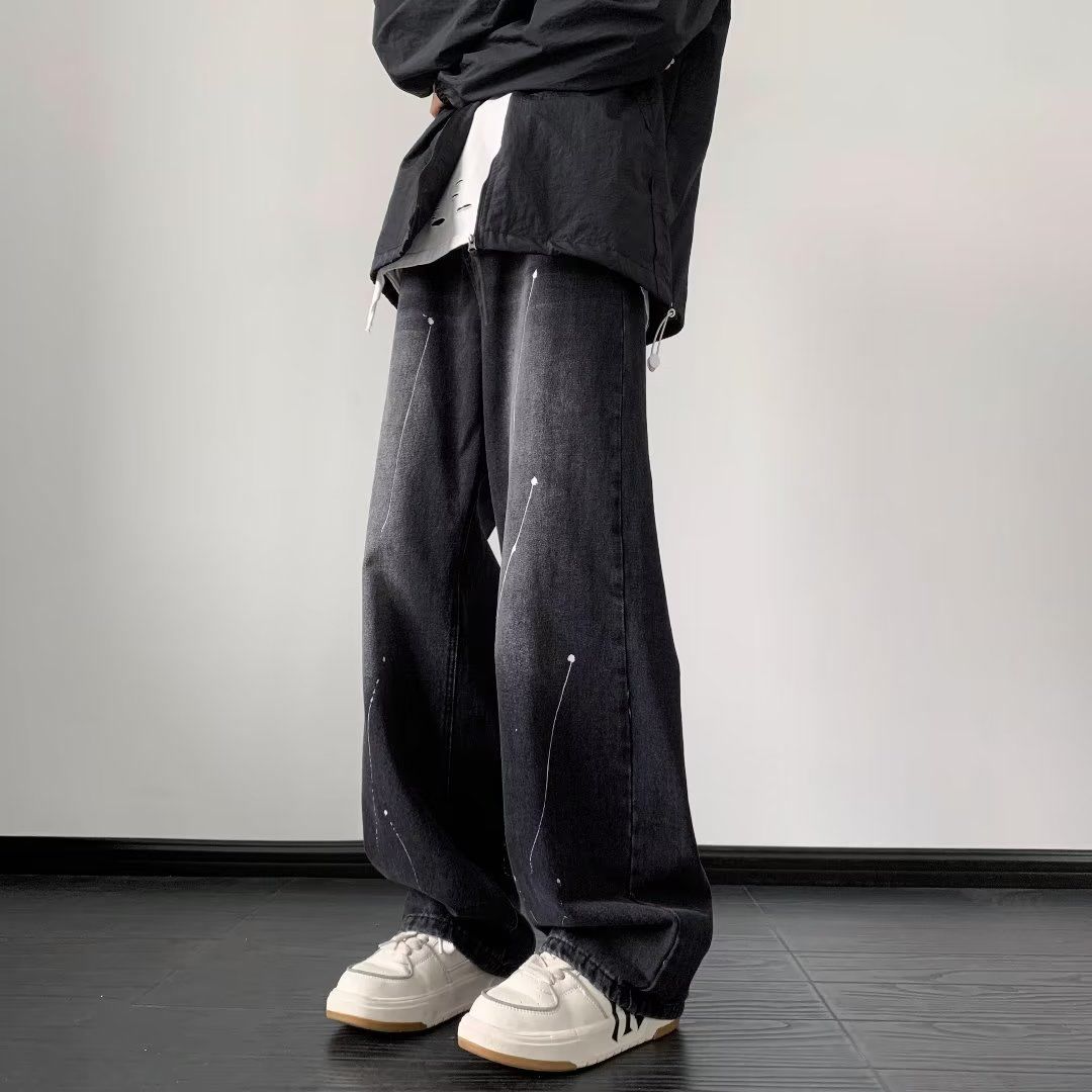 高街褲子hiphop春秋潑墨牛仔褲男寬鬆直筒vibe國潮秋季拖地闊腿褲