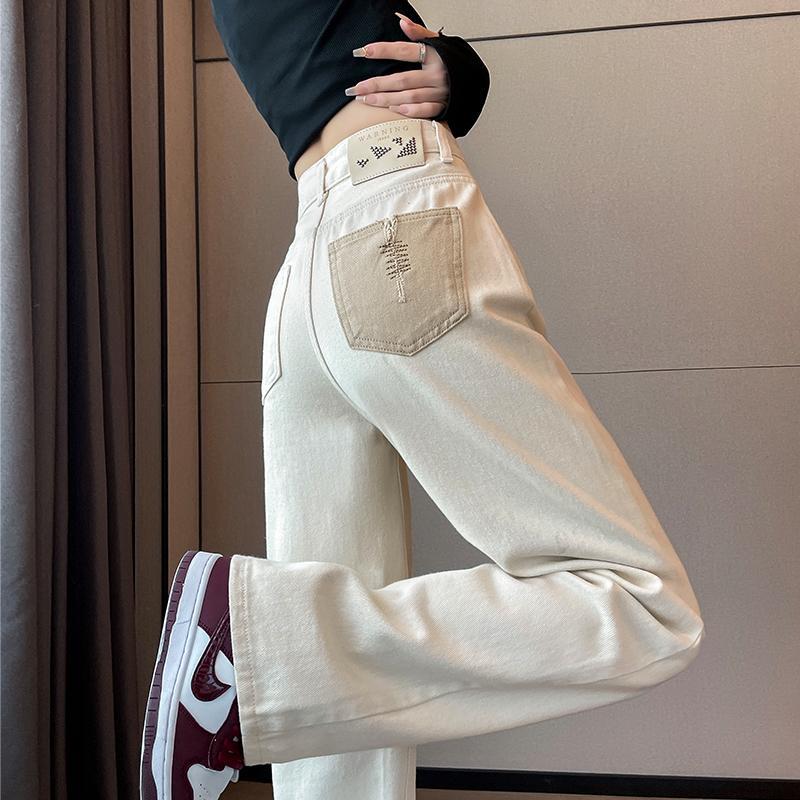 Off-white wide-leg jeans for women in autumn and winter, popular high-waisted narrow version plus velvet contrasting straight-leg drape pants for small people