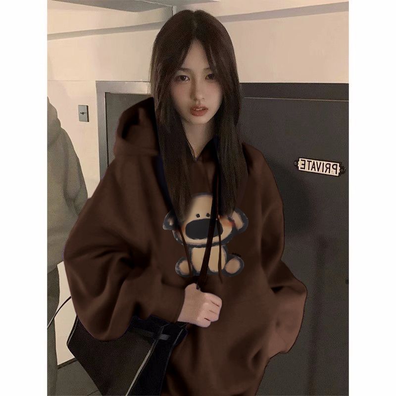 450G重磅純棉銀狐絨連帽衛衣女秋冬國潮牌小狗卡通情侶美拉德外套