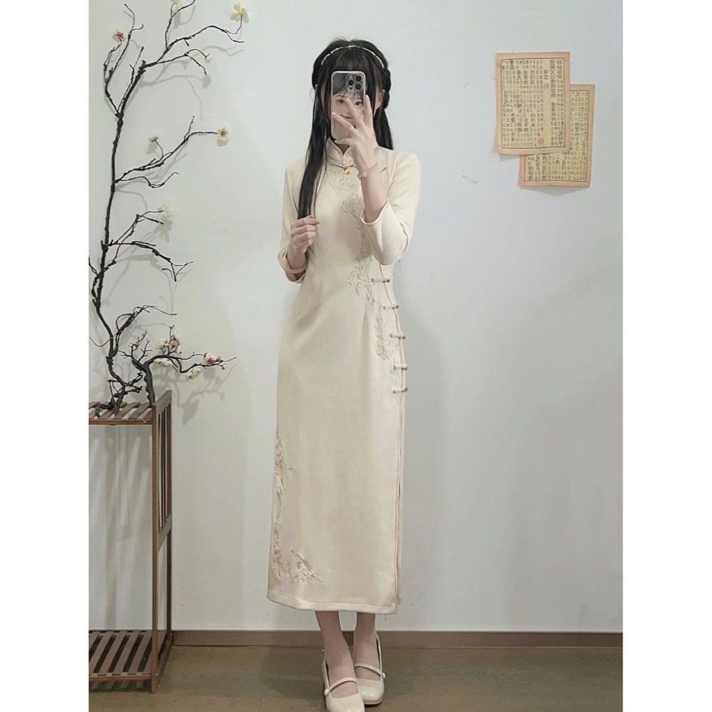 新中式改良旗袍秋冬季加厚加绒高端气质年轻款女装国风连衣裙