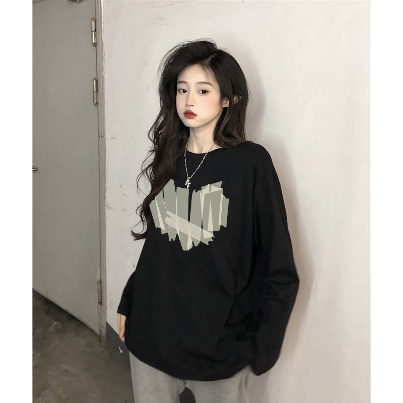 100%純棉長袖t恤女春秋季2023新款韓版寬鬆百搭內搭上衣ins打底衫