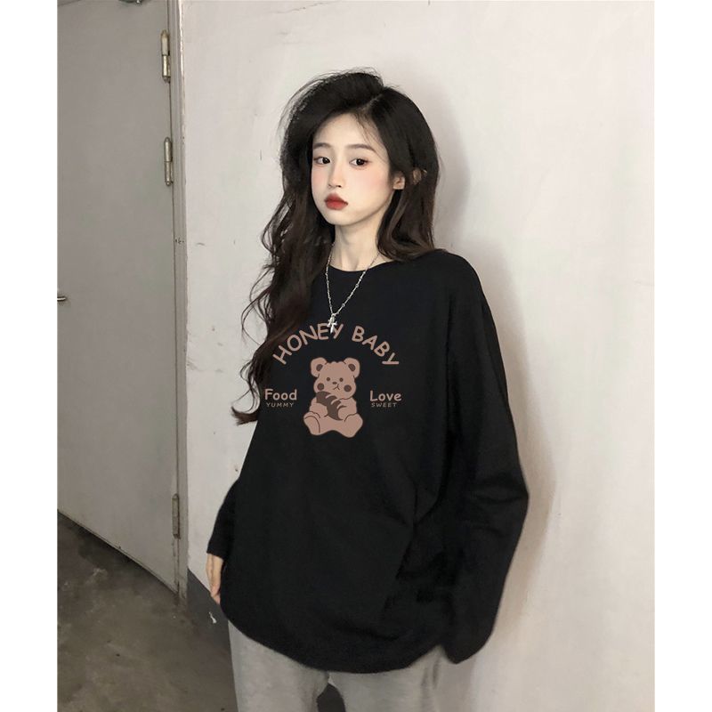 100%純棉長袖t恤女春秋季2023新款韓版寬鬆百搭內搭上衣ins打底衫