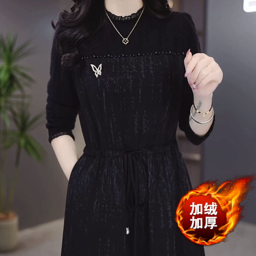空氣層加絨加厚連衣裙秋冬2023新款時尚女裝法式收腰顯瘦赫本裙子