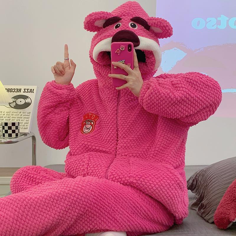 珊瑚絨睡衣女秋冬季2023年新款草莓熊連帽加厚法蘭絨可外穿家居服