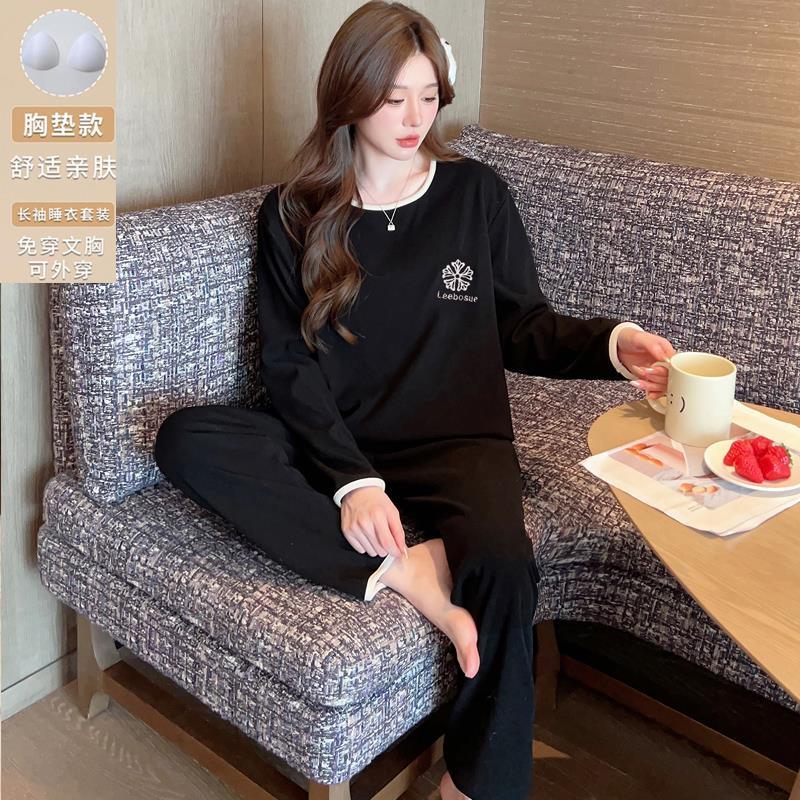 高級黑睡衣女帶胸墊秋冬季韓版德絨保暖休閒新款學生可外穿家居服