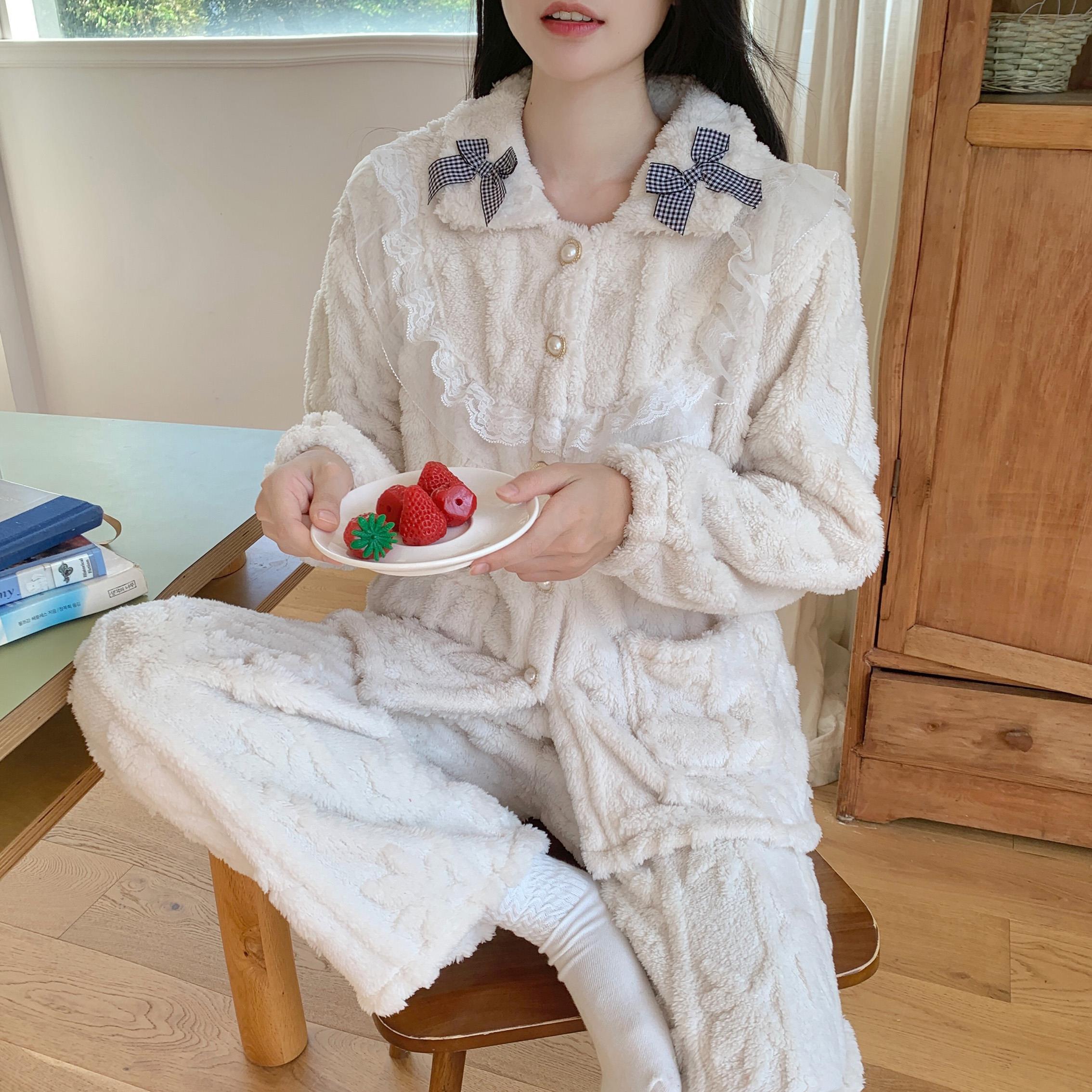 珊瑚絨睡衣女秋冬季2023新款蝴蝶結公主風加絨加厚冬天家居服套裝