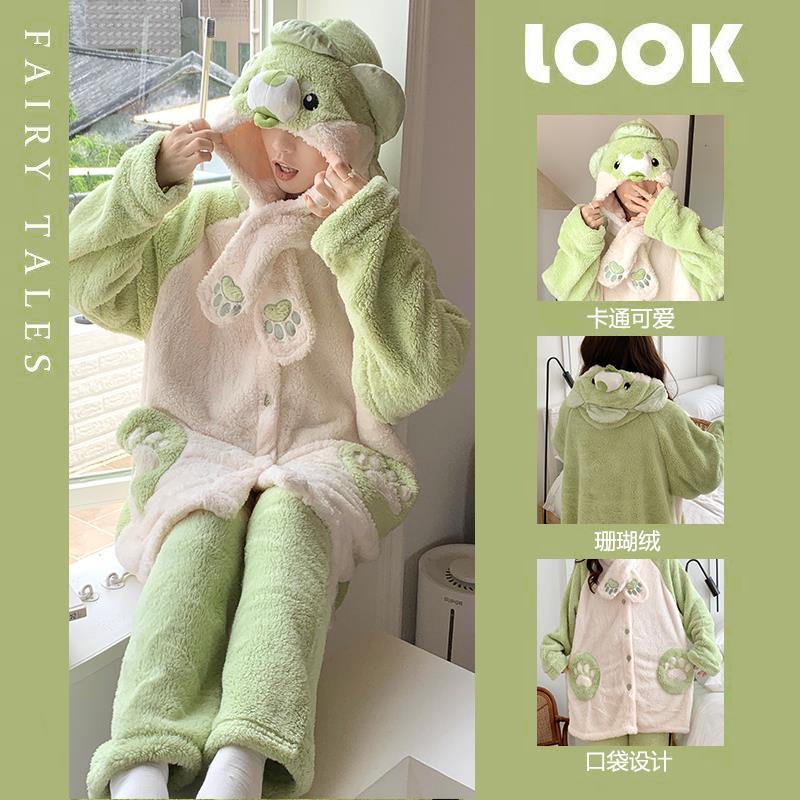 睡袍女秋冬季法蘭絨加厚珊瑚絨睡衣可愛蔬菜狗家居服蓄熱套裝外穿