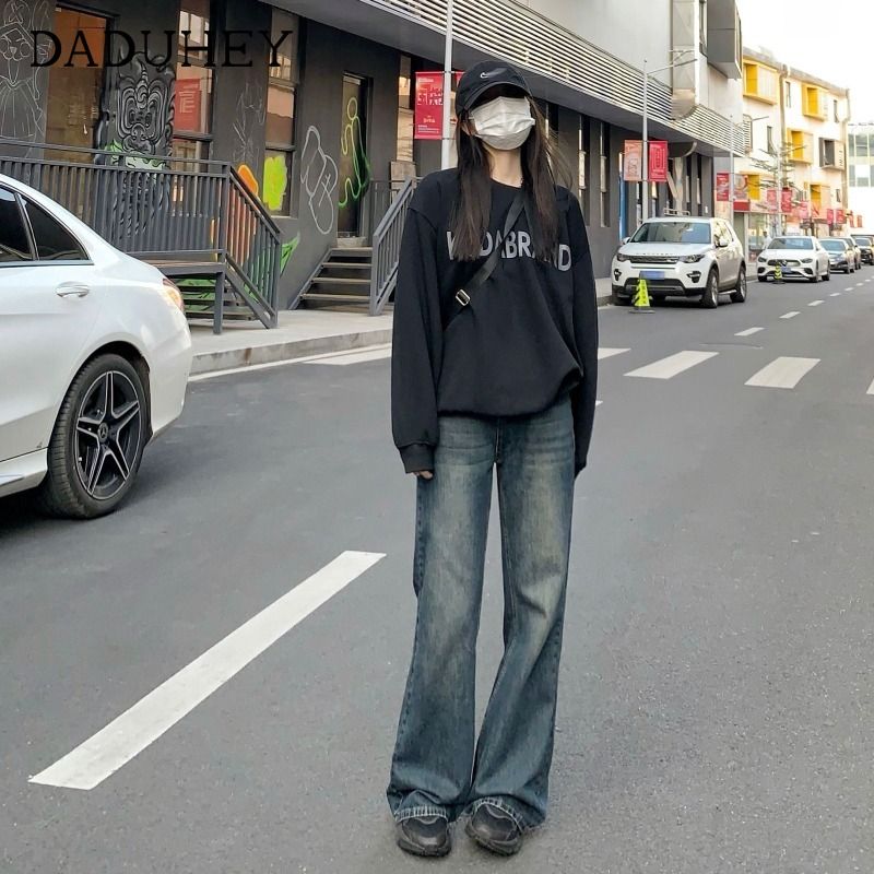 港風復古vintage直筒褲秋冬新款高腰chic風拖地褲闊腿牛仔長褲子