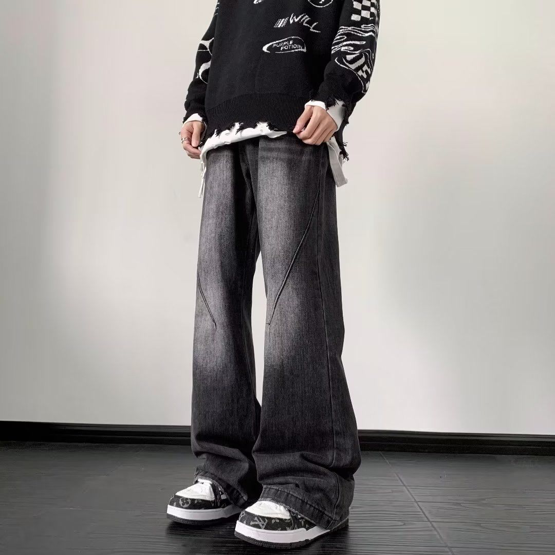 闊腿做舊牛仔褲男士美式復古hiphop微喇褲子春秋季潮牌寬鬆拖地褲