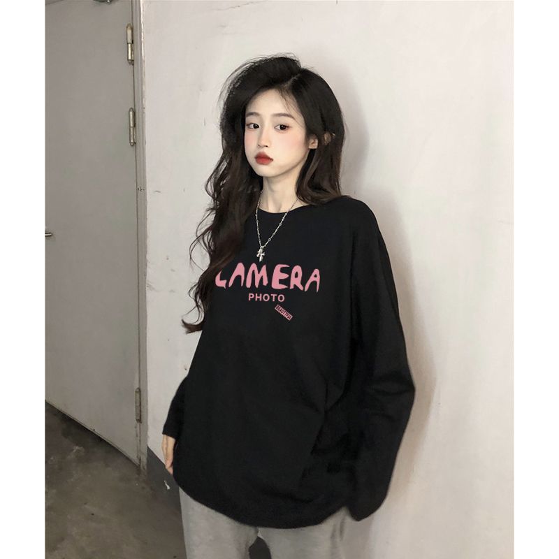 100%純棉長袖t恤女春秋季2023新款韓版寬鬆百搭內搭上衣ins打底衫