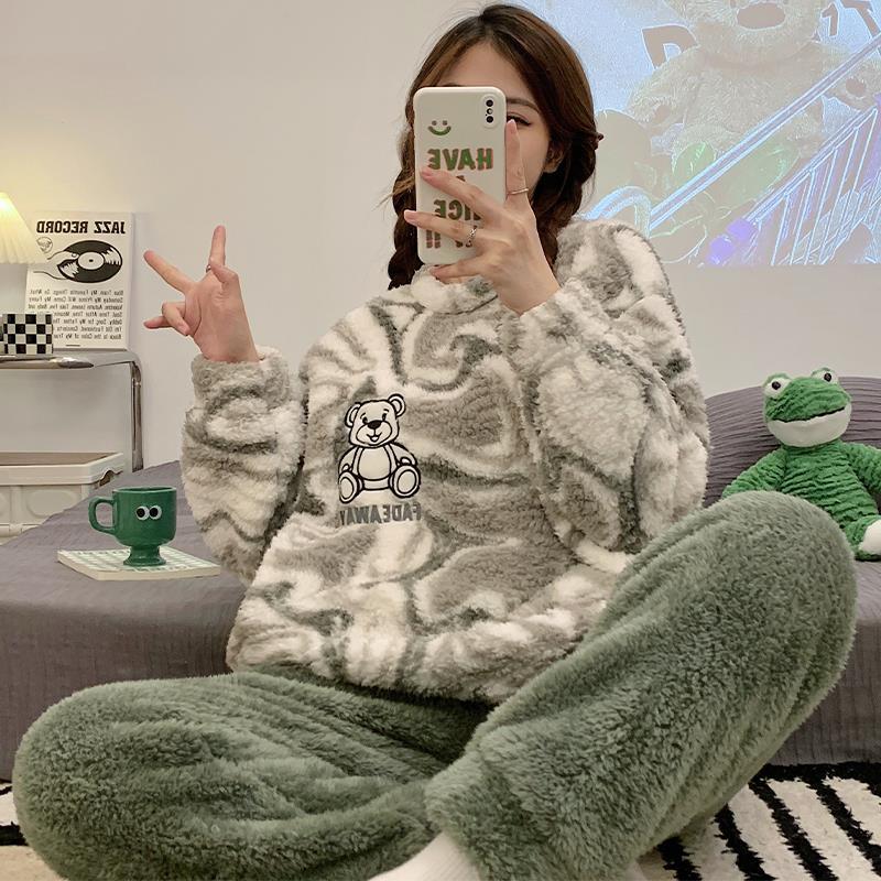加絨加厚珊瑚絨睡衣女春秋冬季2022年新款小綠熊法蘭絨家居服套裝