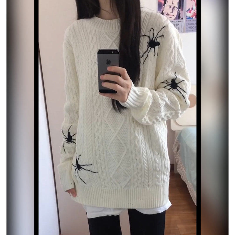 美式高級感蜘蛛刺繡破壞麻花圓領套頭毛衣女潮牌百搭寬鬆針織上衣