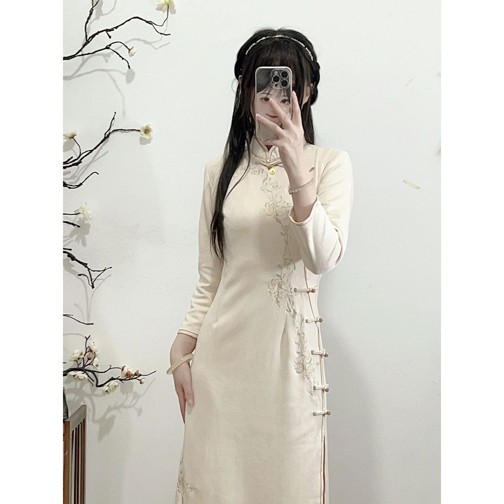 新中式改良旗袍秋冬季加厚加绒高端气质年轻款女装国风连衣裙