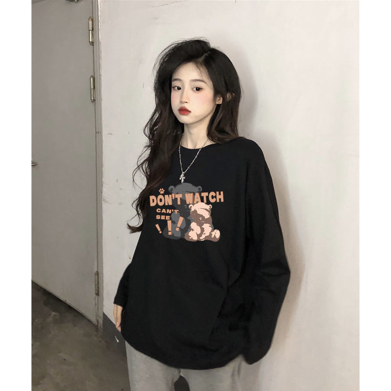 100%純棉長袖t恤女春秋季2023新款韓版寬鬆百搭內搭上衣ins打底衫