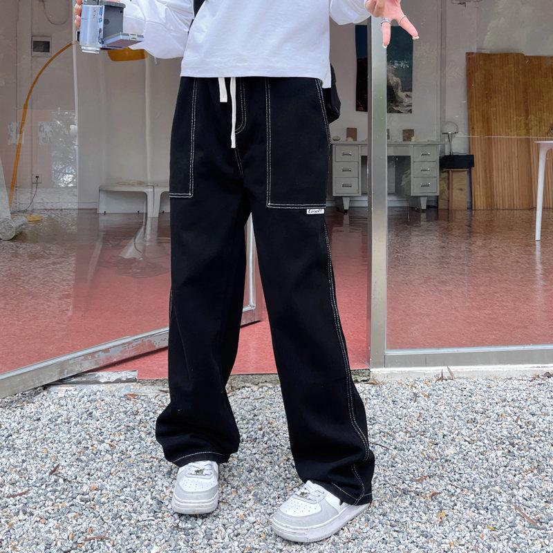 黑色美式牛仔褲2023年新款女寬鬆闊腿直筒休閒褲大碼復古褲子春秋