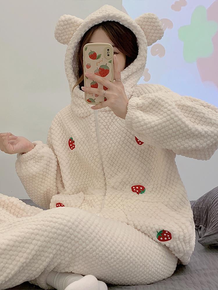 珊瑚絨睡衣女秋冬季連帽長袖法蘭絨加厚保暖可外穿冬款家居服套裝