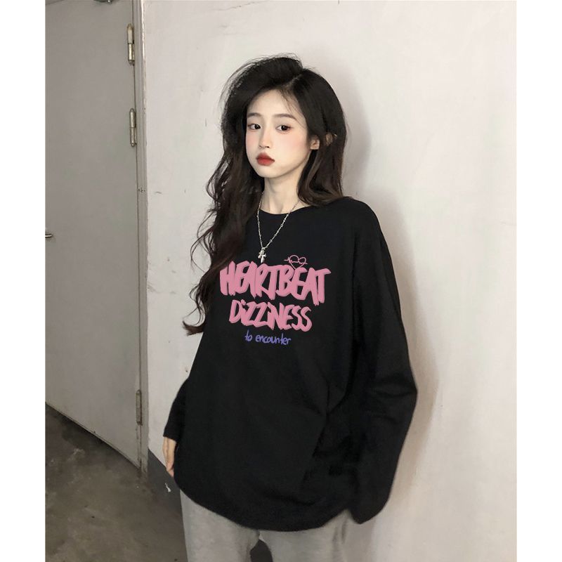 100%純棉長袖t恤女春秋季2023新款韓版寬鬆百搭內搭上衣ins打底衫