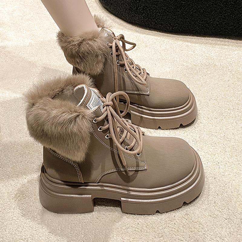 Thick-soled Martin boots for women 2023 new autumn British style velvet warm little lace-up two-cotton short boots autumn and winter