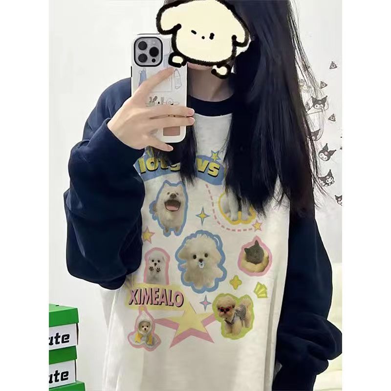 純棉重磅銀狐絨秋冬小眾插肩圓領衛衣女oversize長袖拼色別致上衣