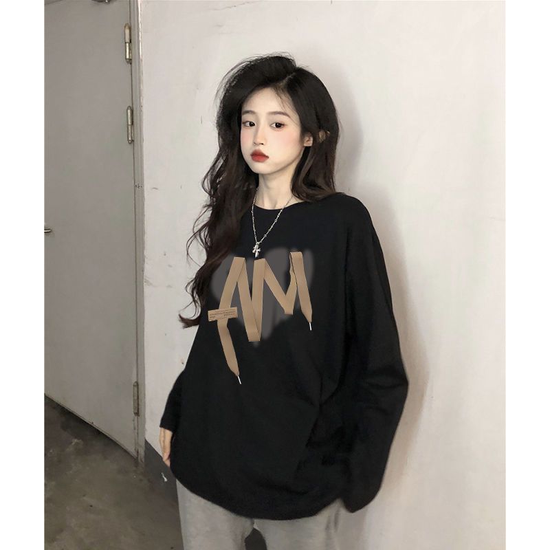 100%純棉長袖t恤女春秋季2023新款韓版寬鬆百搭內搭上衣ins打底衫