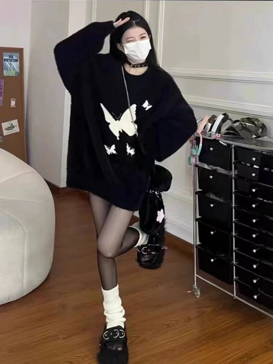 仿水貂絨寬鬆爆款針織上衣秋冬新款軟糯溫柔蝴蝶慵懶超好看毛衣女