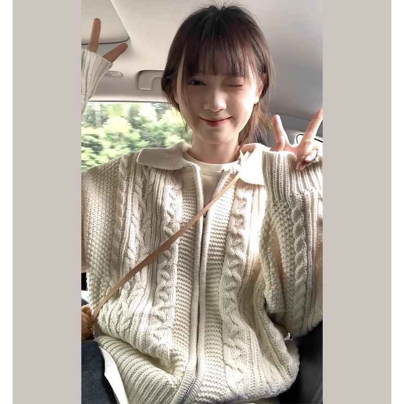 慵懶風復古麻花拉鏈毛衣外套女秋冬2023新款日系寬鬆針織開衫上衣