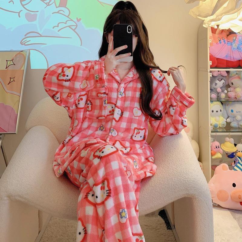 日系ins格子卡通睡衣少女秋冬季珊瑚絨加厚加絨可愛法蘭絨家居服