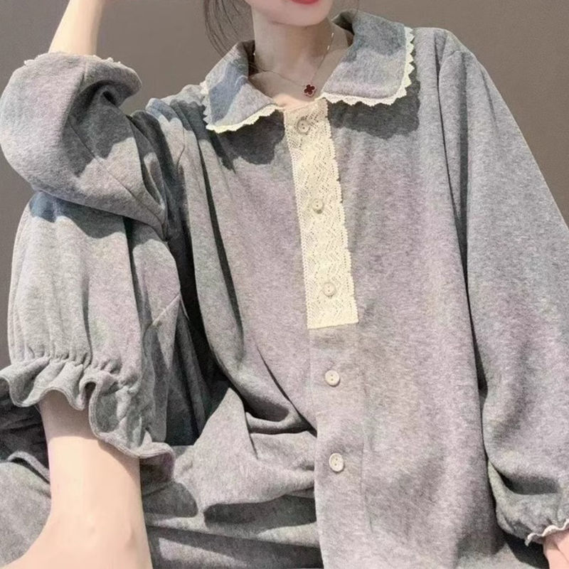 睡衣女春秋娃娃領花邊寬鬆韓國家居服長袖套裝甜美可外穿兩件套女