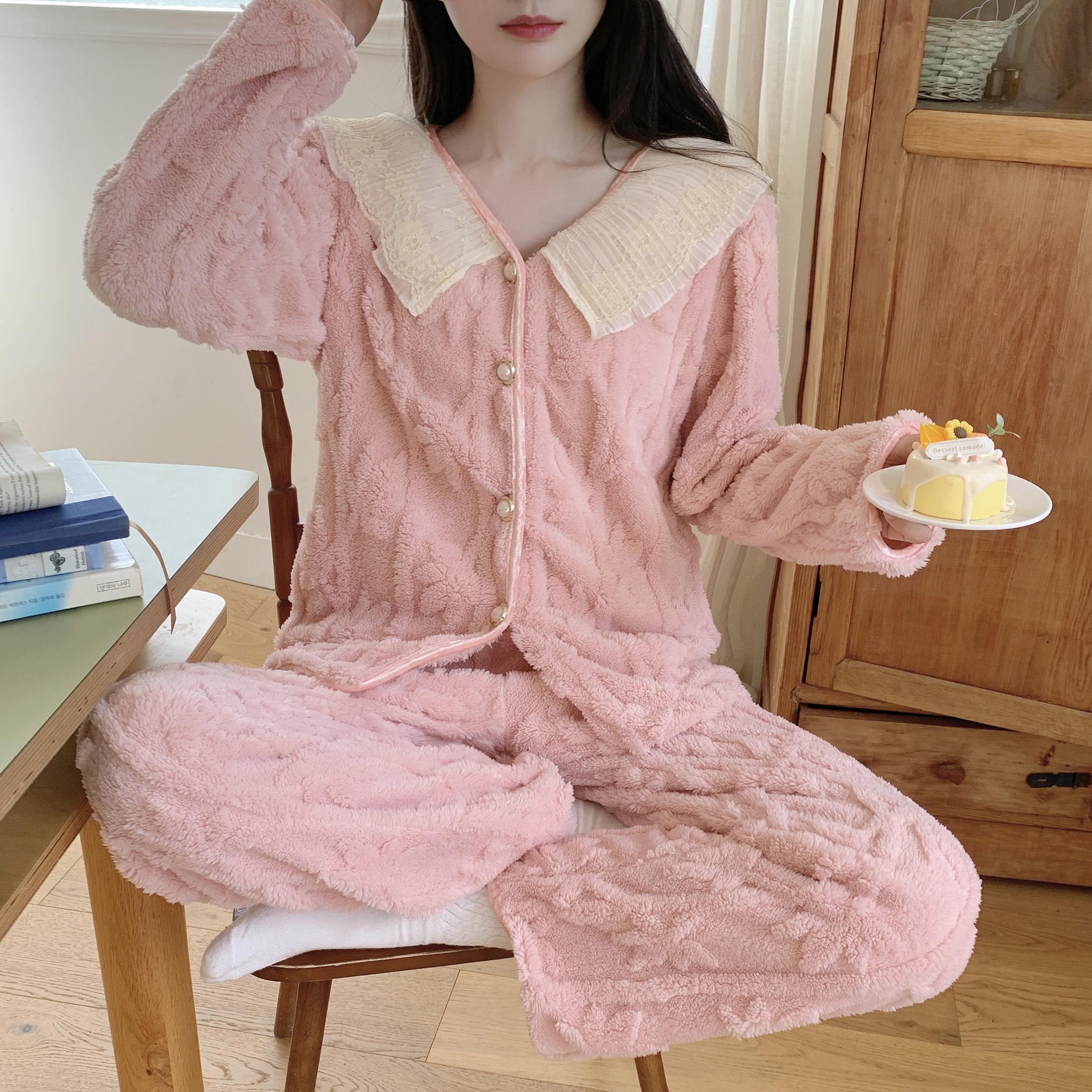睡衣女秋冬季加厚保暖珊瑚絨公主風甜美花邊可愛法蘭絨家居服套裝