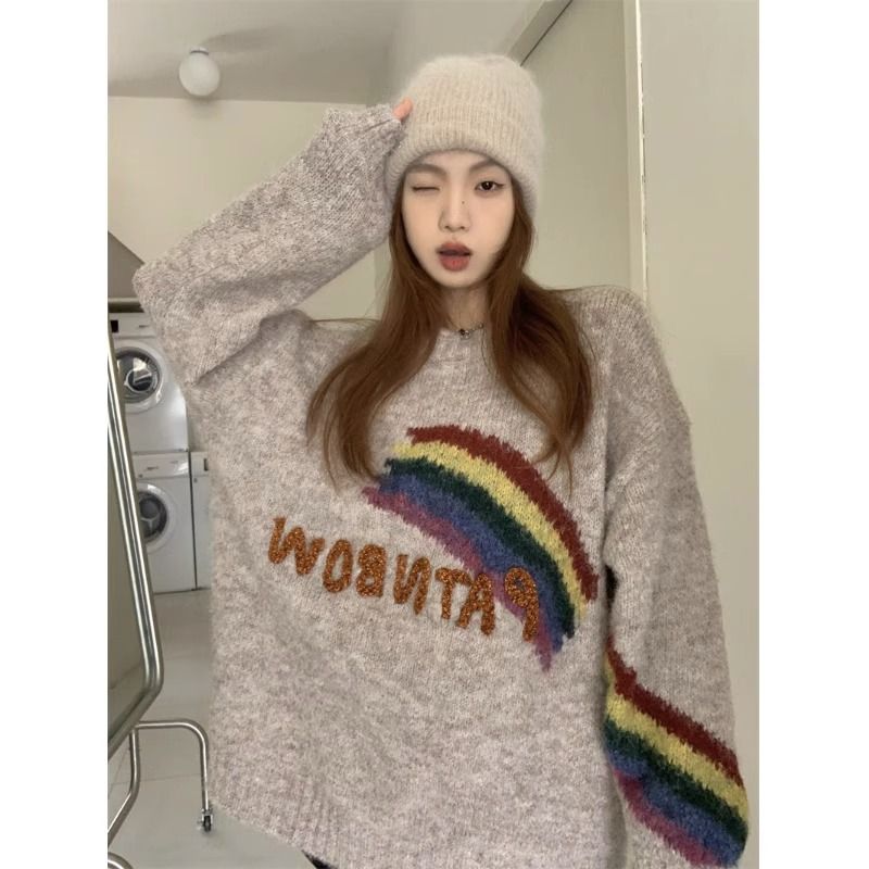 美式復古彩虹字母軟糯毛衣女秋冬設計感慵懶風軟糯針織上衣加厚