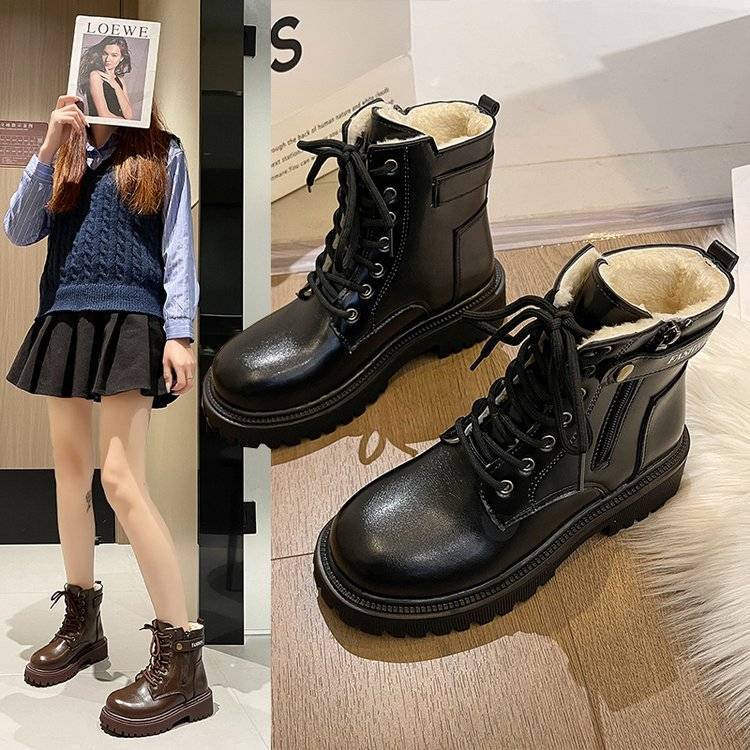 Winter plus velvet Martin boots for women 2023 new British style thick-soled boots black big head retro thin strap short boots trendy