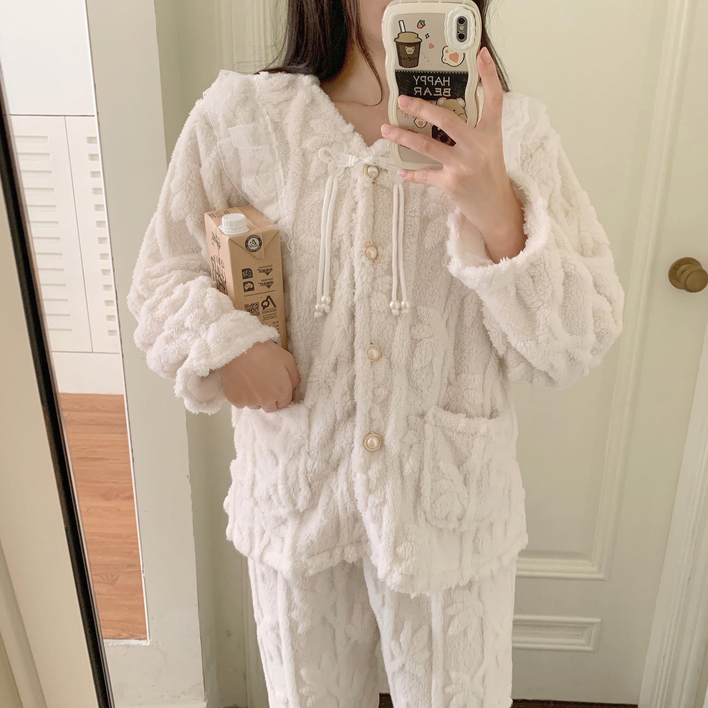 新中式國潮開衫雙面珊瑚絨睡衣女冬季加厚加絨甜美新款米白色套裝