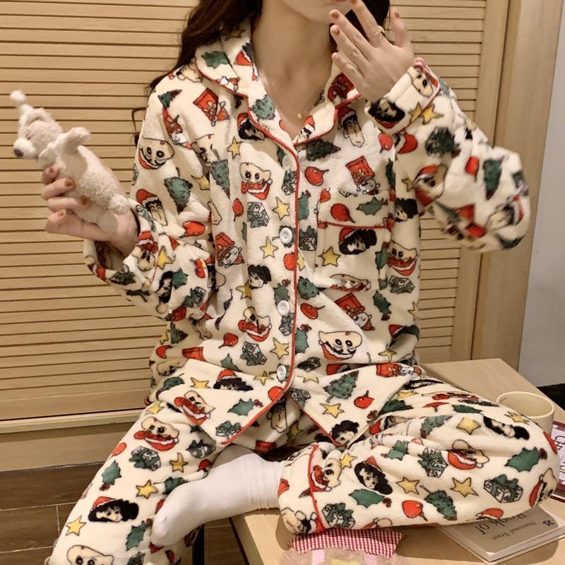 聖誕蠟筆小新珊瑚絨睡衣女冬季可愛ins加厚加絨法蘭絨家居服套裝