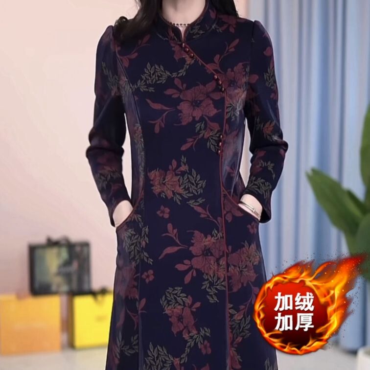 琉璃精紡加絨加厚改良版旗袍連衣裙2023秋冬新款女裝媽媽國風裙子