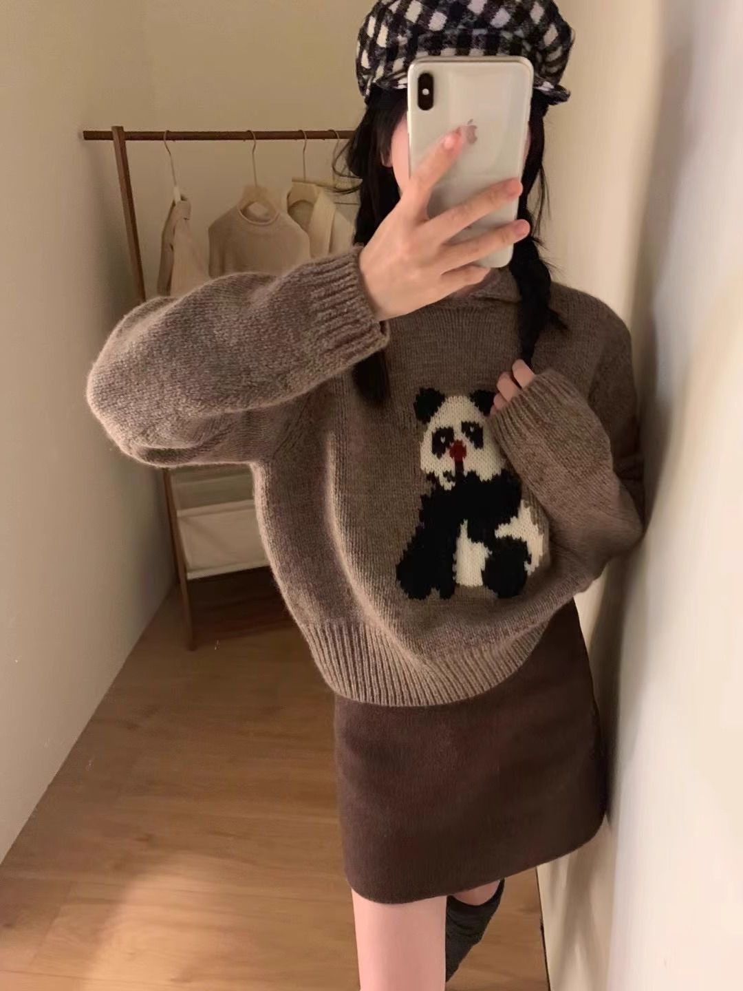 韓系復古小翻領熊貓短款毛衣女秋冬設計感寬鬆軟糯打底針織衫上衣