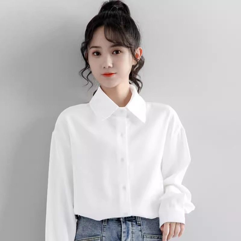 美式復古時尚簡約純色長袖襯衫女韓版小眾設休閒計感百搭上衣服