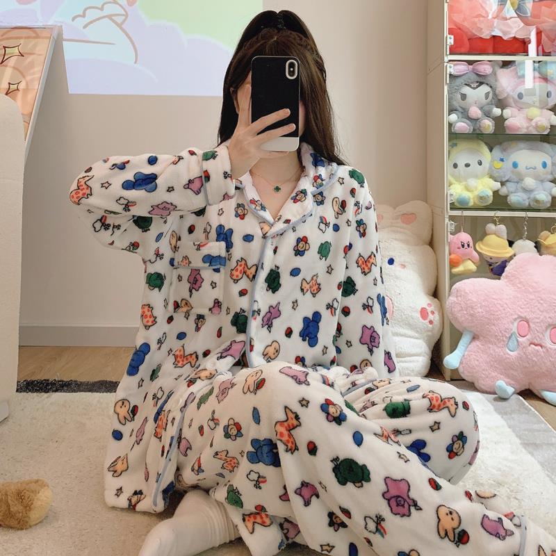 韩国卡通动物玩具珊瑚绒加厚睡衣女秋冬季宽松开衫长袖居家服套装