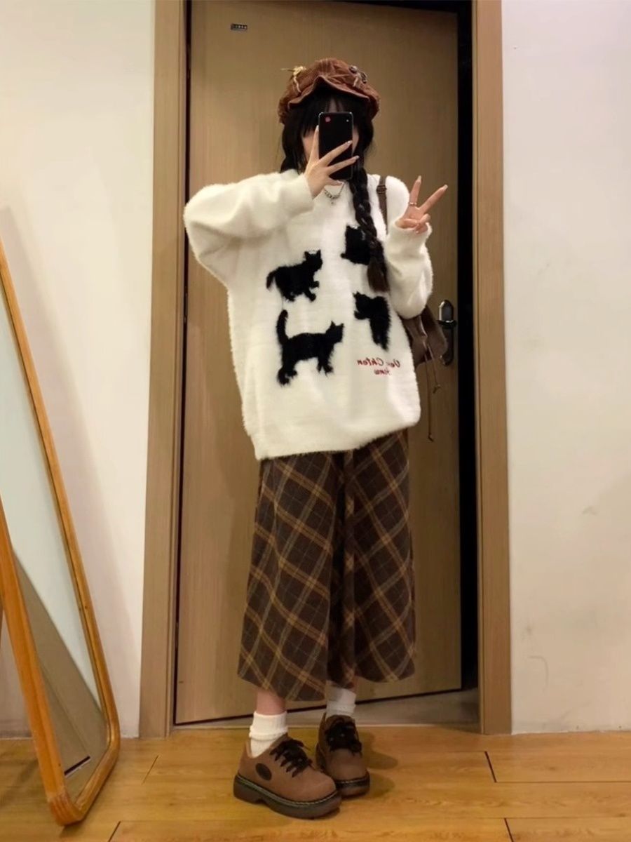 秋冬新款軟糯寬鬆小眾百搭設計感慵懶風貓咪毛衣女針織衫長袖上衣