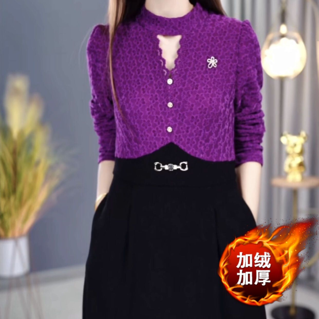 加絨加厚浮雕提花絲絨連衣裙2023新款秋冬女顯瘦時尚假兩件套裙子
